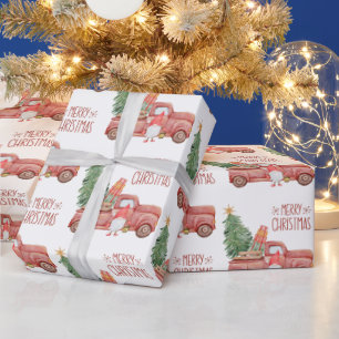 Merry Christmas Gnome with Vintage Red Truck Wrapping Paper