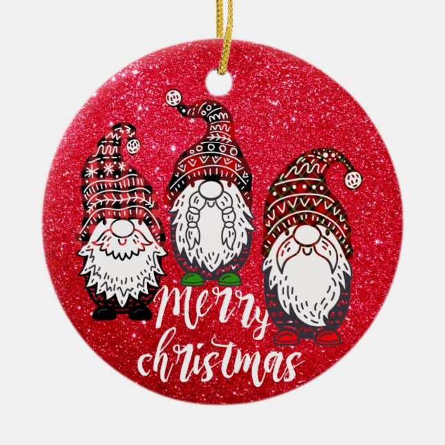 Merry Christmas Gnomes Buffalo Plaid Gnome Ceramic Ornament (Front)