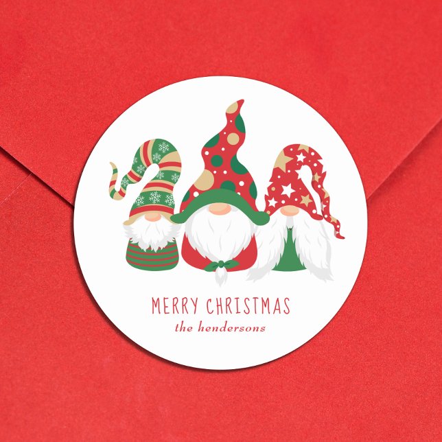 Merry Christmas Gnomes Cute Personalized Classic Round Sticker (Christmas gnomes bring joy, laughter, and a touch of magic to your holiday season cards and gifts)
