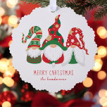 Merry Christmas Gnomes Cute Personalized Ornament Card<br><div class="desc">Cute personalized holiday ornament card featuring three Scandinavian-style gnomes with a seasonal red and green hats. You can easily personalize the "Merry Christmas" greeting and your name at the bottom.</div>