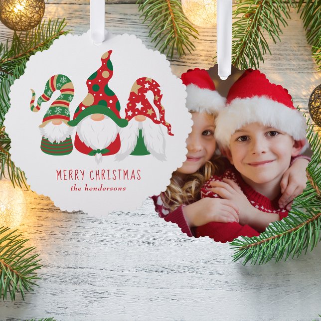 Merry Christmas Gnomes Cute Photo Ornament Card (Share the love and warmth of the holiday season with a photo paper ornament card)