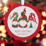 Merry Christmas Gnomes Cute Red Ornament Card<br><div class="desc">Cute holiday greeting card that can also be used as a gift tag and a paper tree ornament. The front features three Scandinavian-style gnomes with seasonal red and green hats. You can easily personalize the "Merry Christmas" greeting and your name at the bottom.</div>