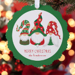 Merry Christmas Gnomes Green Ornament Card<br><div class="desc">Fun holiday greeting card that can also be used as a gift tag and a paper tree ornament. The front features three Scandinavian-style gnomes with seasonal red and green hats. Personalize the "Merry Christmas" greeting and your name at the bottom.</div>