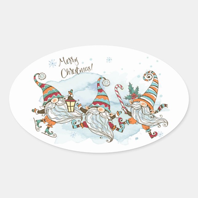 Merry Christmas Gnomes Oval Sticker (Front)