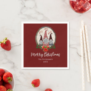 Merry Christmas Gnomes Red, Rustic, Plaid, Trendy Napkin