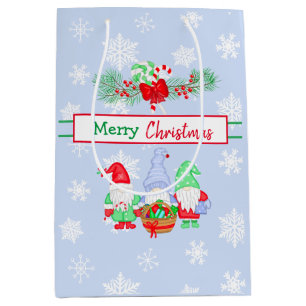 Merry Christmas Gnomes Snowflakes Blue Background  Medium Gift Bag