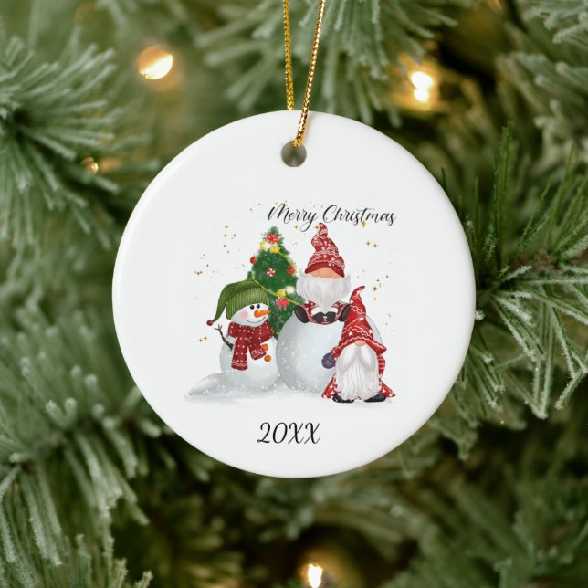 Merry Christmas Gnomes Snowman Ceramic Ornament (Tree)