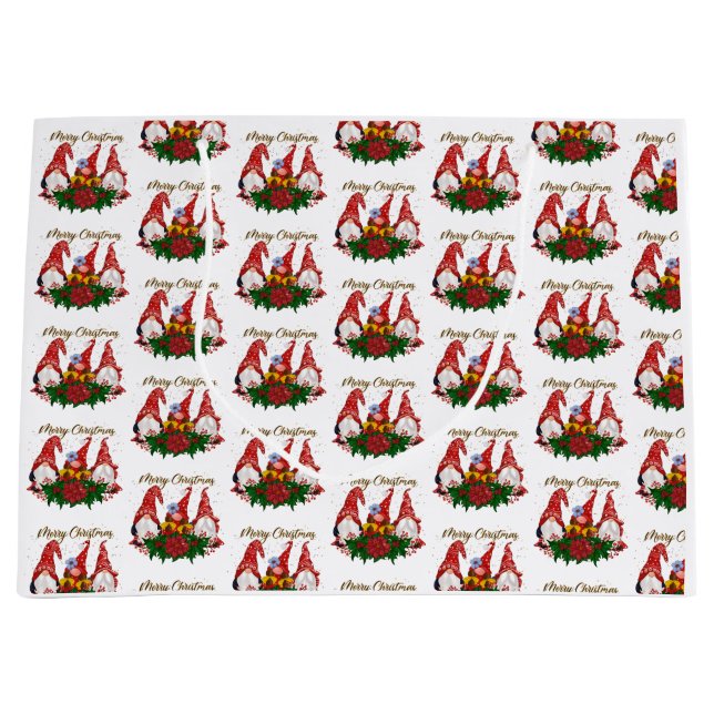 Merry Christmas Gnomes Trendy Adorable Holiday Large Gift Bag (Front)