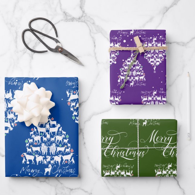 Merry Christmas Goat Christmas Trees Wrapping Paper Sheet (Front)