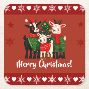 Merry Christmas Goat Family Square Paper Coaster