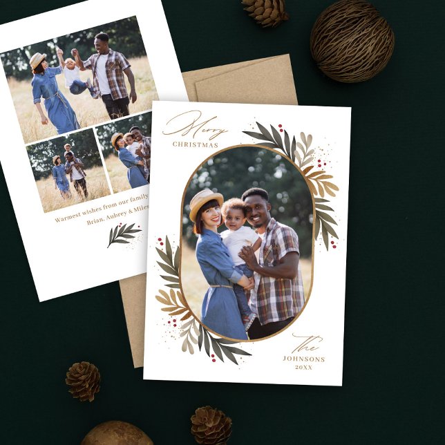 Merry Christmas Gold and Green Winter Floral Photo Holiday Card (Creator Uploaded)