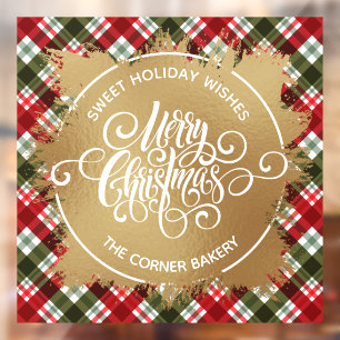Merry Christmas Gold and Plaid Window Cling