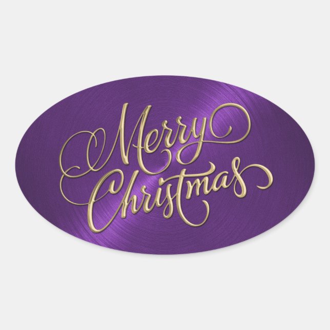 Merry Christmas Gold and Purple Embossed Look Oval Sticker (Front)