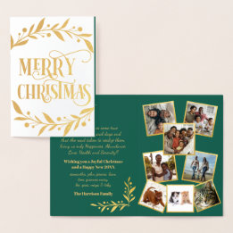 Merry Christmas Gold Berries Green Photo Collage Foil Card
