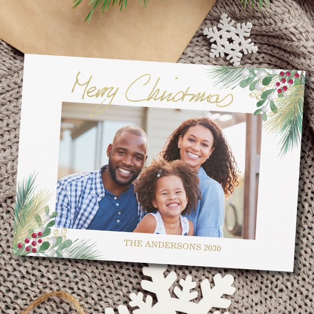 Merry Christmas Gold Berries Photo Christmas Holiday Card (Creator Uploaded)