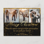 merry christmas gold black 3 photos collage luxury postcard<br><div class="desc">background by freepik.com
elegant 3 photos collage ,  black background,  gold calligraphy christmas wishes, Holiday Postcard , custom.</div>