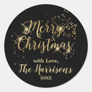 Merry Christmas Gold Black Sparkles Classic Round Sticker