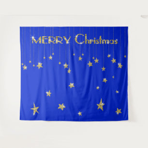 Merry Christmas Gold Blue Photo Booth Backdrop Tapestry