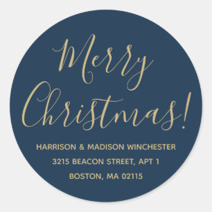 Merry Christmas gold blue script return address Classic Round Sticker