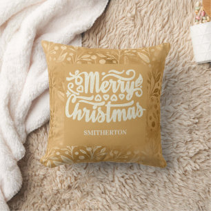 Merry Christmas Gold Brush Script Name Throw Pillow