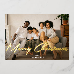 Merry Christmas Gold Brush Script Photo Real Foil Holiday Card