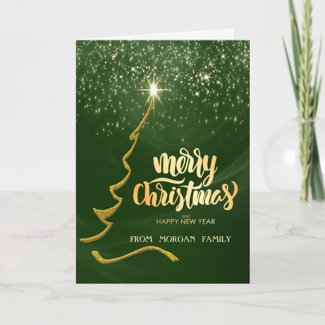 Merry Christmas,Gold Christmas Tree,Green Holiday Card (Front)