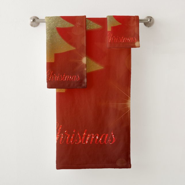 Merry Christmas, Gold Christmas Tree, Red Bath Towel Set (Insitu)