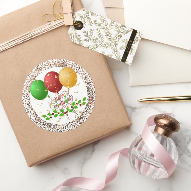 Merry Christmas, gold-coloured confetti, Classic Round Sticker (Gifting)