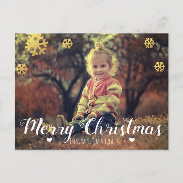 Merry Christmas Gold Crystal Snowflakes Photo Holiday Postcard (Front)