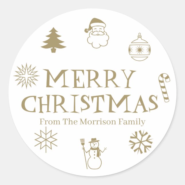 Merry Christmas gold custom name gift favour  Classic Round Sticker (Front)