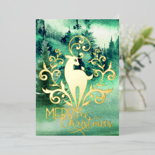 Merry Christmas Gold Deer Forest Photo     Foil Holiday Card