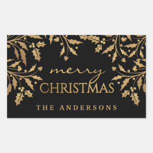 Merry Christmas Gold Faux Foil Holly Branches Sticker