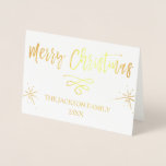 Merry Christmas Gold Foil and White Typography Foil Card<br><div class="desc">Merry Christmas with real Gold Foil on White Background Christmas Card. This card uses actual gold foil and allows you to customize the card with your Family Name and Year.</div>