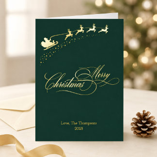 Merry Christmas Gold Foil Forest Green Santa Holiday Card