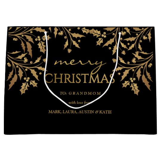 Merry Christmas Gold Foil Holly Garland Large Gift Bag
