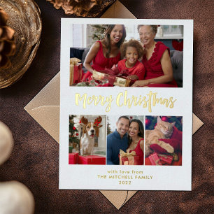 Merry Christmas   Gold Foil Multi Photo Grid Holiday Postcard