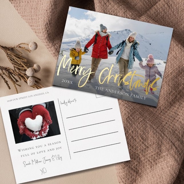 Merry Christmas Gold Foil & Photo Foil Holiday Postcard (Creator Uploaded)