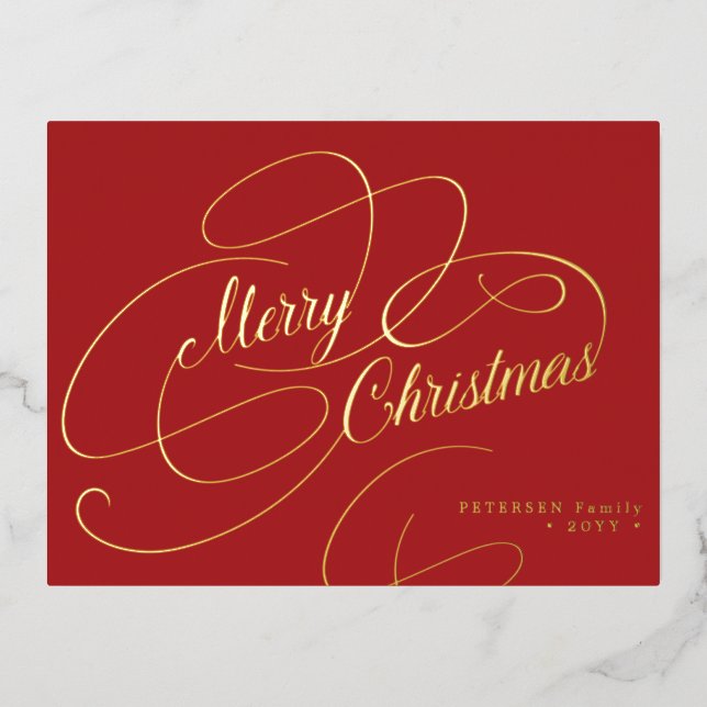 Merry Christmas gold foil script classic red Foil Holiday Postcard (Front)