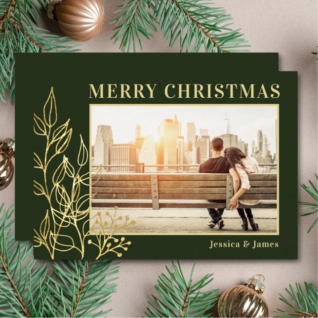 Merry Christmas Gold Foliage Photo Green  Foil Holiday Card (Creator Uploaded)