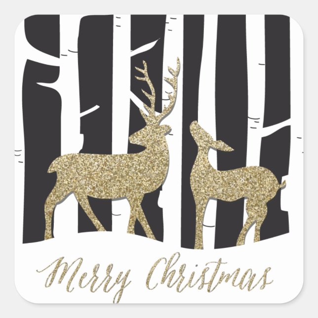 Merry Christmas gold gliettering deers sticker (Front)