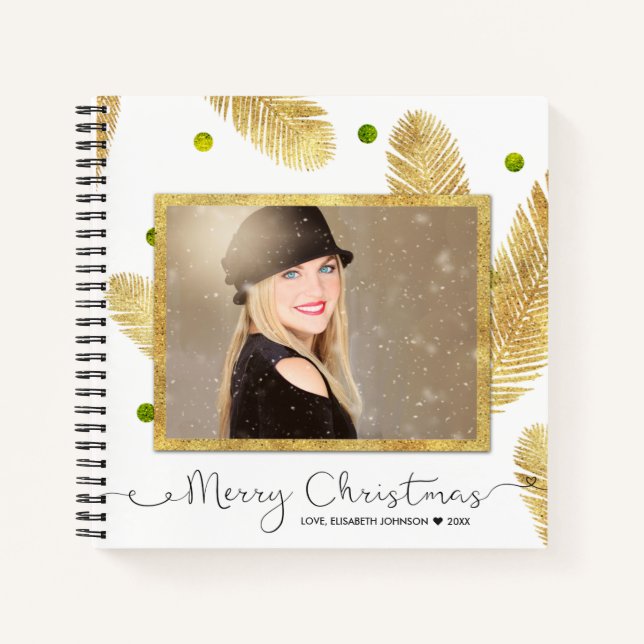 Merry Christmas Gold Glitter Photo Spiral Notebook (Front)