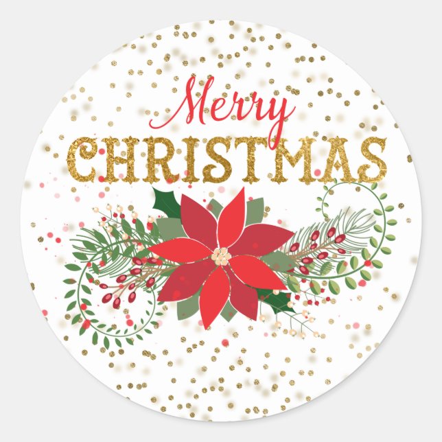 Merry Christmas Gold Glitter Poinsettia Classic Round Sticker (Front)