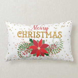 Merry Christmas Gold Glitter Poinsettia Lumbar Pillow
