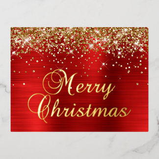Merry Christmas Gold Glitter Red Foil Holiday Postcard