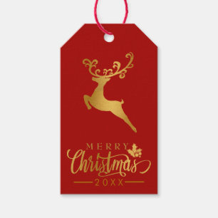 Merry Christmas Gold Glitter Reindeer Red Holiday Gift Tags
