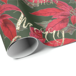 Merry Christmas Gold Glitter Script Floral Green Wrapping Paper