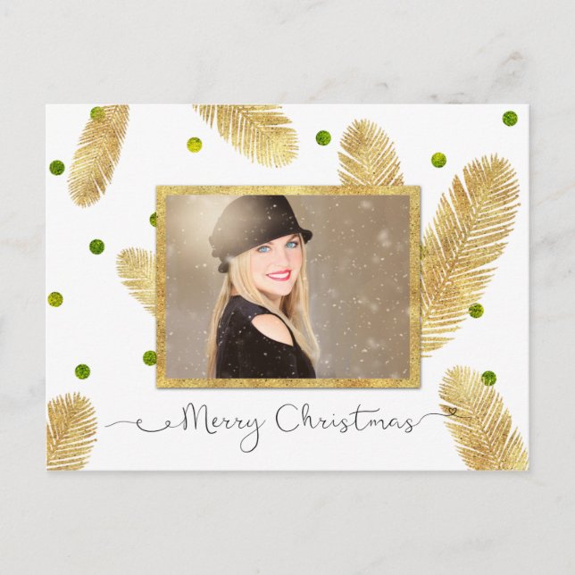 Merry Christmas Gold Glitter Script Photo Postcard (Front)