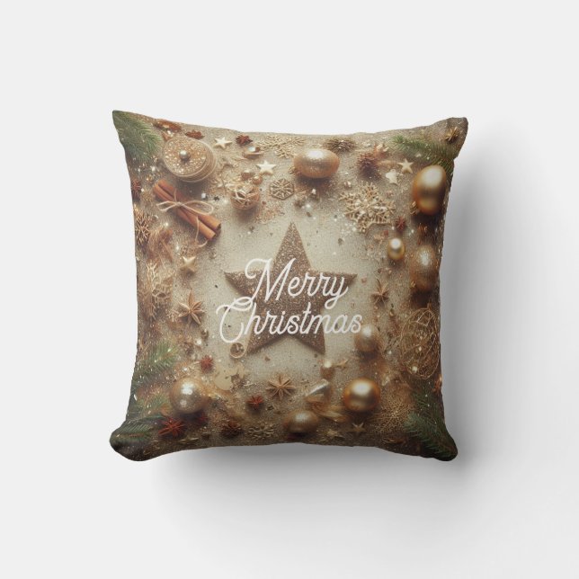 Merry Christmas Gold Glitter Star Throw Pillow (Front)