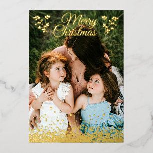 Merry Christmas Gold Green Botanical Frame  Foil Holiday Card