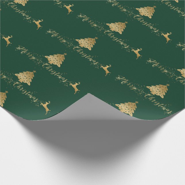 Merry Christmas Gold Green Pattern Typography Wrapping Paper (Corner)